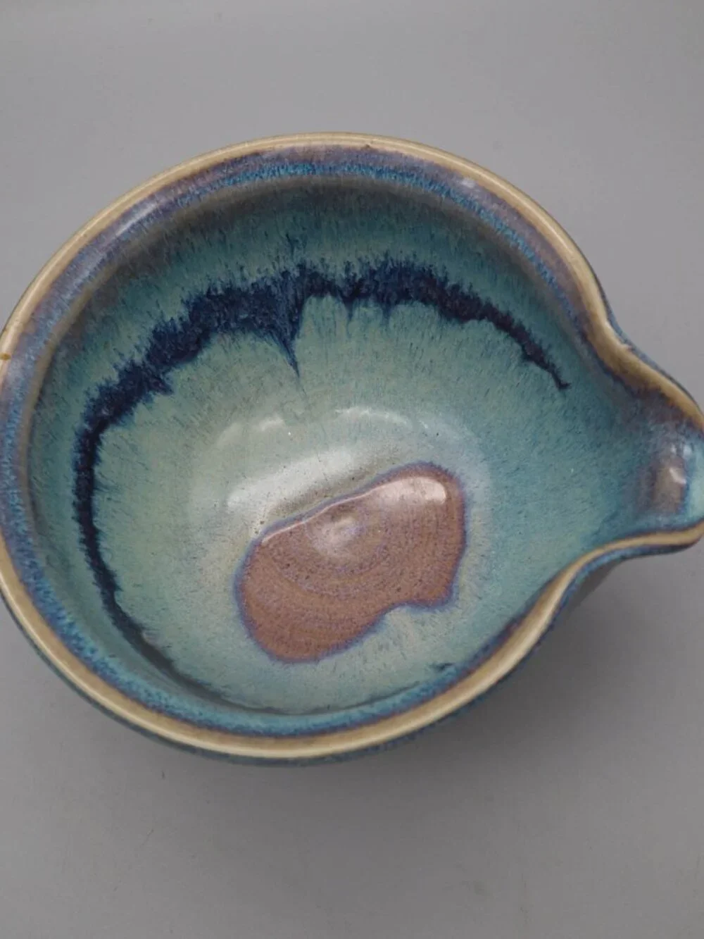 Small Studio Art Pottery Mixing Batter Bowl w/ Spout Blue Drip Glaze Signed AD